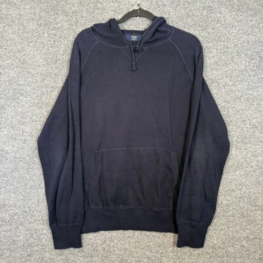 J Crew Hoodie Mens Large Navy Blue Cotton Knit Pullover Lightweight Pouch Pocket